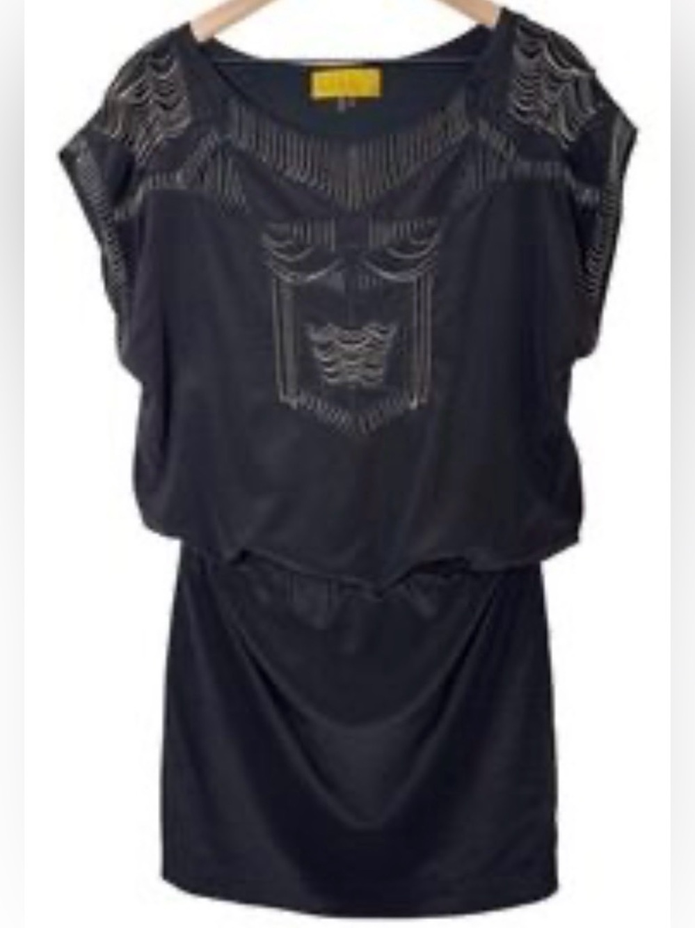 Nicole Miller Black Silk Dress Chain Trim Mesh Detail Cap Sleeve Size L